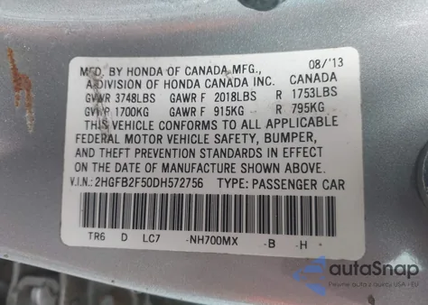 2013 Honda Civic Lx z USA, uszkodzony, nr VIN 2HGFB2F50DH572756